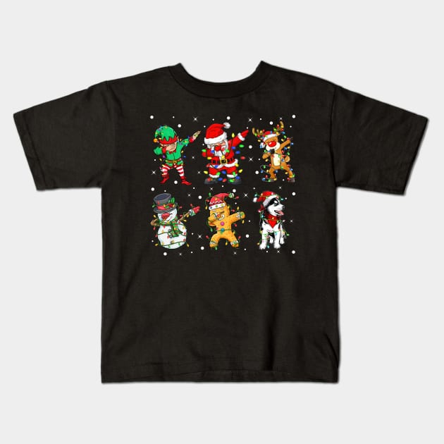 Dabbing Dab Santa Elf Siberian Husky Dog Friends Christmas Lights Kids T-Shirt by nvqdesigns